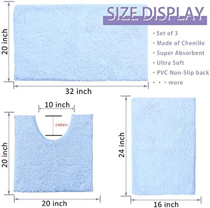 White Bathroom Rugs Chenille Bath Mat Set 3 Piece, Extra Soft, and Absorbent Shaggy Rugs, Machine Wash and Dry, Perfect Plush Carpet Mats for Tub, Shower, Bathroom Rug Mats