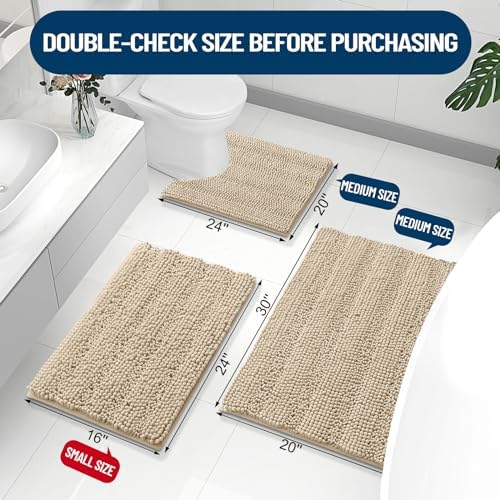 Grandaily Chenille Striped Bathroom Rugs 47x32, Extra Thick and Absorbent Bath Mats, Non-Slip Soft Plush Shaggy Shower Carpet, Machine Wash Dry, Bath Rug for Bathroom, Beige