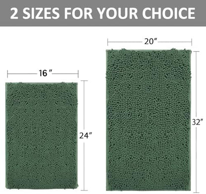 2 Piece Bath Rugs for Bathroom Non Slip - Soft Plush Shaggy Mats Floor, Indoor Entryway Extra Soft Chenille Bath Mat Absorbent Bathroom Rug（Dark Green）