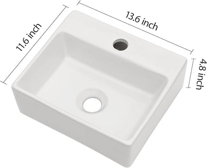 Lordear 13.6"x11.6" Floating Wall Mounted Bathroom Sink White Ceramic Glossy White Small Tiny Room Cloakroom Sinks, 13.6X11.6x4.85 Inch