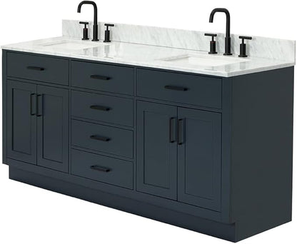 ARIEL Hepburn 72-inch Bathroom Vanity with Sink,Solid Wood, 0.75-inch Italian Carrara Marble Countertop, Double Rectangular Porcelain Sink, 4 Soft Closing Doors, 6 Dovetail Drawers, Midnight Blue