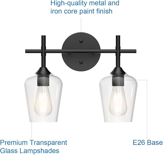 Ralbay Vintage Black Bathroom Light Fixtures 2-Lights Industrial Matte Black Finish with Clear Glass Black Vanity Lights Farmhouse Bathroom Vanity Lights Wall Sconce