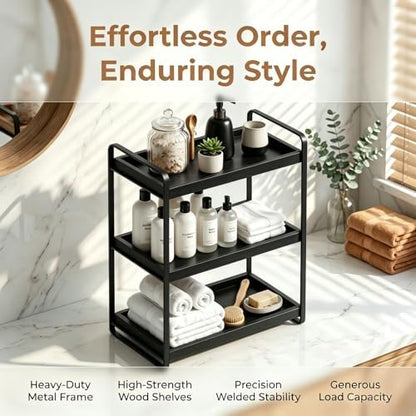 LEMIKKLE Bathroom Counter Organizer with Basket, Bathroom Organizers and Storage,Skincare Organizers for Vanity,Storage Organizers for Bathroom, Kitchen, Dresser (3-Tier Black Wood Rack)