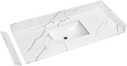 48 in.W x 22 in.D Quartz Calacatta River Vanity Top,with Undermount Single Middle Sink Vanity Top,with Two Sidesplash & One Backsplash,8 Inch Faucet Hole Spread Bathroom Vanity Sink Countertop