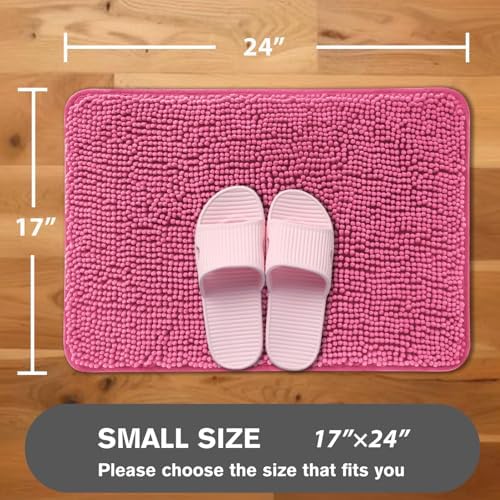 Hot Pink Bathroom Rugs – Absorbent and Washable Bath Mat, Non-Slip, Thick Soft Chenille Bath Rugs for Bathroom Floor, Shower, Sink - 17" x 24"