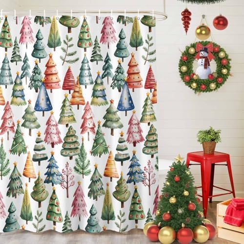 Christmas Tree Shower Curtain Bathroom Set Star Xmas Pine Trees Waterproof Shower Curtains with Grommets Hooks Colorful Cartoon Style Privacy Bath Curtain for Bathtub Decor 60x72in