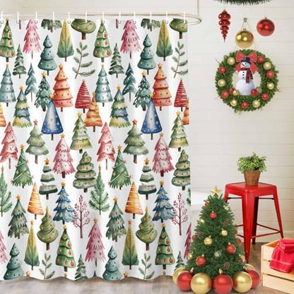 Christmas Tree Shower Curtain Bathroom Set Star Xmas Pine Trees Waterproof Shower Curtains with Grommets Hooks Colorful Cartoon Style Privacy Bath Curtain for Bathtub Decor 72x78in