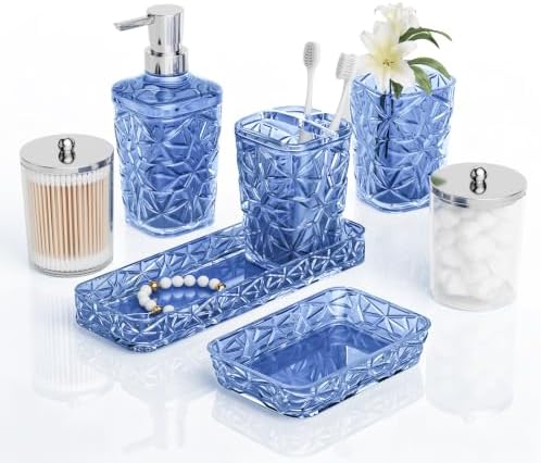 Bathroom Accessories Set, Navy Blue Bathroom Accessories, Acrylic Soap Dispenser and Toothbrush Holder Set, Qtip Holder Set, Bathroom Sink Set, Gift for Home Apartment