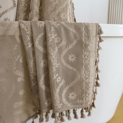 WAZZIO Taupe Lace Shower Curtain for Bathroom 72" W x 72" L, Victorian Farmhouse Floral Pattern Tassel Fancy Shower Curtain Boho Washable Cloth Decorative Bath Curtains,1 Panel