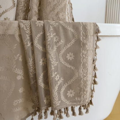 WAZZIO Taupe Lace Shower Curtain for Bathroom 72" W x 72" L, Victorian Farmhouse Floral Pattern Tassel Fancy Shower Curtain Boho Washable Cloth Decorative Bath Curtains,1 Panel