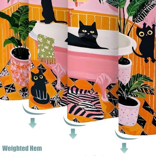 Funny Cat Shower Curtain Boho Cute Fun Black Cats Matisse Shower Curtains for Bathroom Kitten Green Tropical Plant Leaves Pink Orange Yellow Waterproof Fabric Bath Curtain Decor 72 X 84 Inches