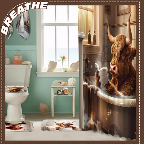FuWeave 8 Pcs Highland Cattle Shower Curtain Sets for Bathroom Decor