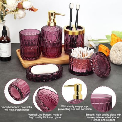 Bathroom Accessories Set, 5Pcs Bathroom Soap Dispenser Set, Glass Bathroom Accessories with Glass Soap Dispenser, Soap Dish, Toothbrush Holder, Tumbler, Cotton Swab Jar (Red)
