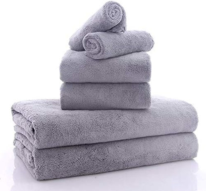 MOONQUEEN Ultra Soft Towel Set - Quick Drying - 2 Bath Towels 2 Hand Towels 2 Washcloths - Microfiber Coral Velvet Highly Absorbent Towel for Fitness, Bathroom, Sports, Yoga, Travel-Grey 6 Pcs
