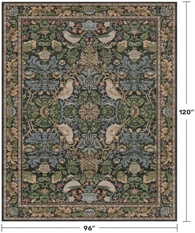 Hazo Haus Dark Living Room Rug 8x10 - Large Washable Vintage Floral Area Rugs for Dining Room, Bedroom, Traditional Antique Style, Birds and Leaves Nature Design, Non-Slip Low Pile (Dark Green/Brown)