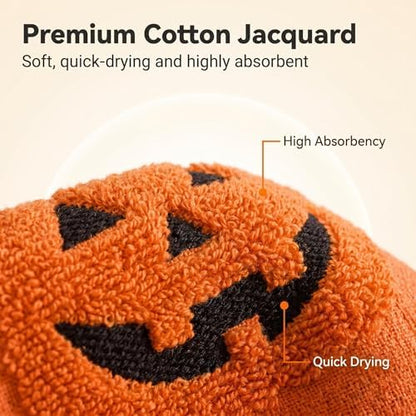 2 Pack Halloween Hand Towels 100% Cotton Jacquard ack-O'-Lantern Halloween Kitchen Towels White Bathroom Towels Set Seasonal Bathroom Decor (Orange ack-O'-Lantern)