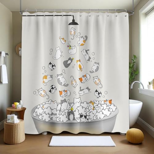 Cute Cat Shower Curtain Kids Animal Cartoon Bathroom Decor, Waterproof Cloth Fabric with Hooks 70" W x 84" L