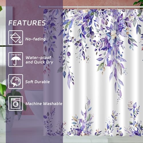 Eucalyptus Shower Curtain, Abstract Aesthetic Art Watercolor Plant Leaves with Floral Bathroom Decor, Waterproof Fabric Cloth Bath Curtain Set with Hooks (Purple, 72x72 Inches)