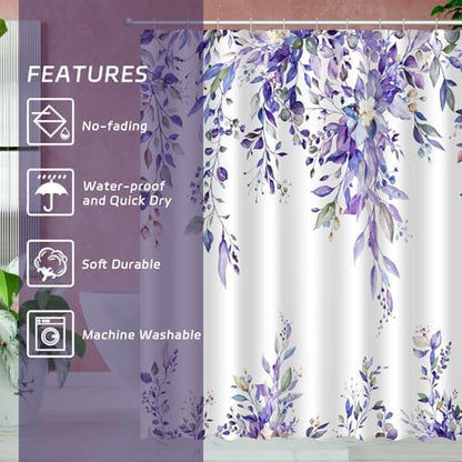 Eucalyptus Shower Curtain, Abstract Aesthetic Art Watercolor Plant Leaves with Floral Bathroom Decor, Waterproof Fabric Cloth Bath Curtain Set with Hooks (Purple, 72x72 Inches)