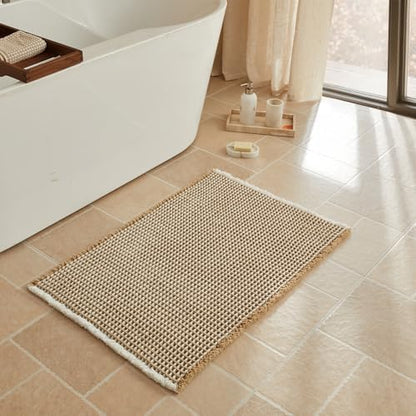 Triohero Waffle Bath Mat, Boho Bathroom Rugs Non Slip, 24x36 Khaki & White