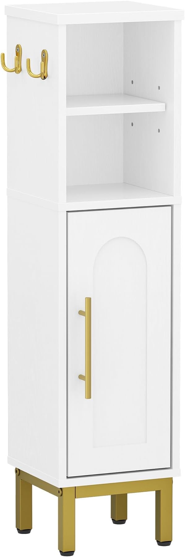 Bathroom Storage Cabinet, Corner Floor Cabinet with Door & Shelves, 2Hooks, Small Narrow Storage Organizer, Toilet Paper Cabinets for Small Space, White SC16313G