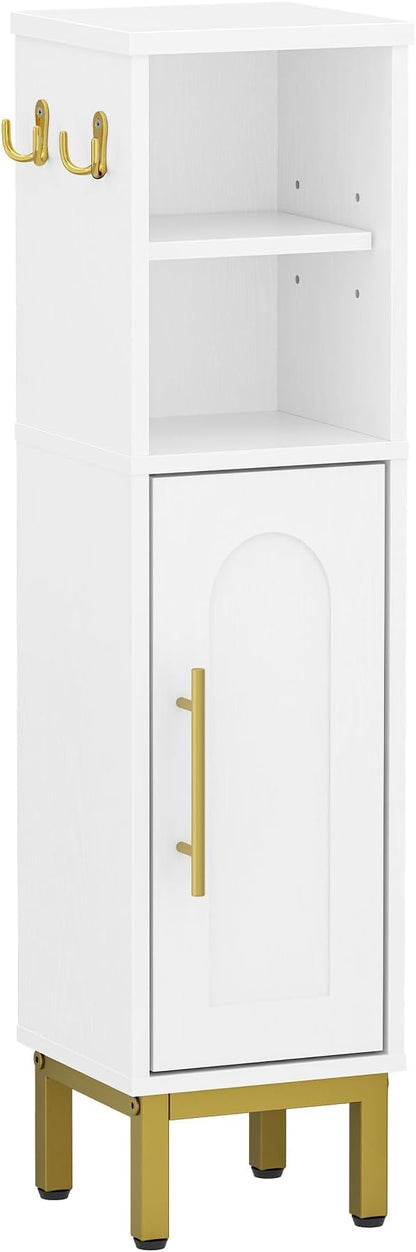 Bathroom Storage Cabinet, Corner Floor Cabinet with Door & Shelves, 2Hooks, Small Narrow Storage Organizer, Toilet Paper Cabinets for Small Space, White SC16313G