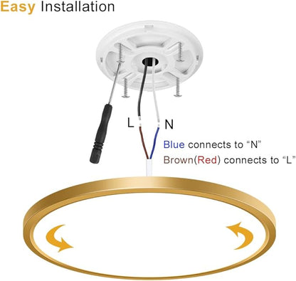 12Inch LED Ceiling Light Fixture Flush Mount, 24W(240W Equivalent), 3200LM, 3000K Warm White, IP40, Flat Modern Round Ceiling Light for Bedrooms, Living Rooms, Bathrooms, Stairwells, etc.(Gold)