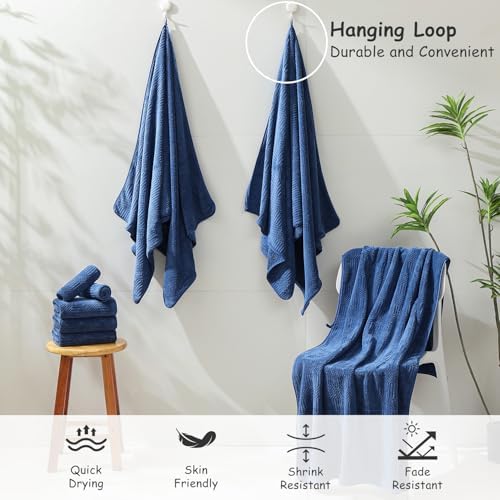18 Pcs Navy Woven Family Towels Set-6 Bath Sheets,6 Hand Towels,6 Washcloths Soft Microfiber Towels Absorbent Shower Towel Quick Dry Beach Chair Towel Lint Less Towels Set for Bathroom Spa Gym Hotel