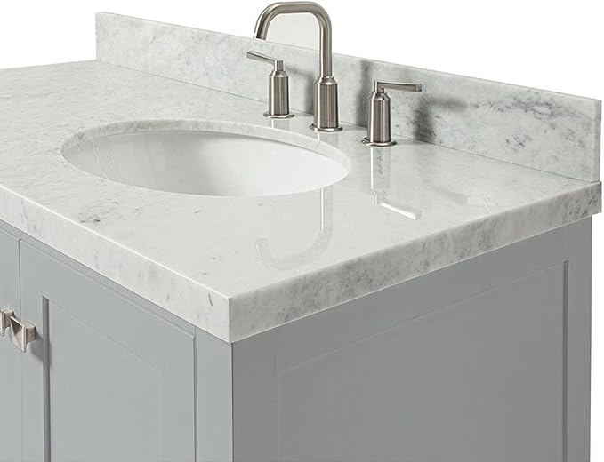 ARIEL Cambridge 42-inch Bathroom Vanity with Sink,Solid Wood, 1.5-inch Italian Carrara Marble Countertop & Backsplash, Single Oval Porcelain Sink, 2 Soft Closing Doors, 5 Dovetail Drawers, Grey
