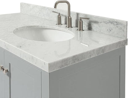ARIEL Cambridge 42-inch Bathroom Vanity with Sink,Solid Wood, 1.5-inch Italian Carrara Marble Countertop & Backsplash, Single Oval Porcelain Sink, 2 Soft Closing Doors, 5 Dovetail Drawers, Grey