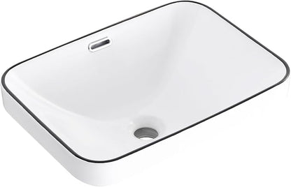 Bathroom Vessel Sink 18.2'' x 13.3'' Small Semi Recessed Bathroom Sink Rectangular Drop In Sink with Overflow White with Black Trim Ceramic Modern Vessel Sinks for Bathroom