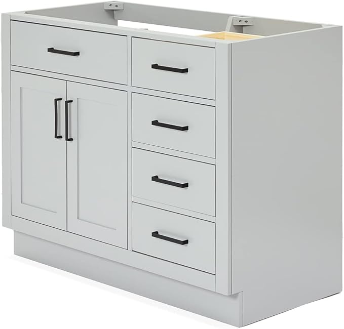 ARIEL Hepburn 42-inch Bathroom Vanity Base Cabinet,Solid Wood, 2 Soft Closing Doors, 5 Dovetail Drawers, Grey