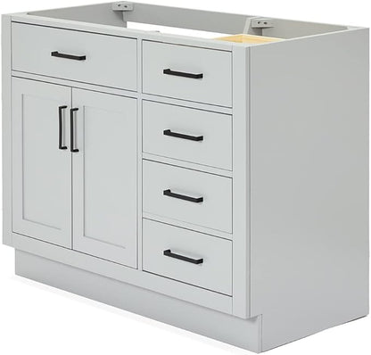 ARIEL Hepburn 42-inch Bathroom Vanity Base Cabinet,Solid Wood, 2 Soft Closing Doors, 5 Dovetail Drawers, Grey