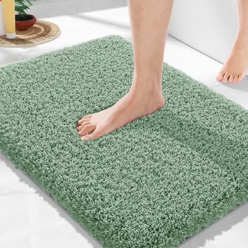 Yimobra Pure Light Green Bathroom Rugs Non Slip Washable, Ultra Soft and Water Absorbent Bath Mats, Plush Fluffy Shower Mat Outside, Microfiber Thick Matts for Bathroom Floor/Sink, 24x17