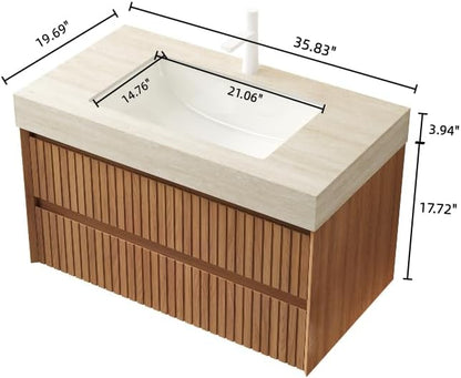 36'' Floating Bathroom Vanity - Wall Mounted Modern Cabinet W/Ceramic Undermount Basin, Plywood Cabinet with Soft Close Drawers, Pre-Assembled, Espresso Woodgrain