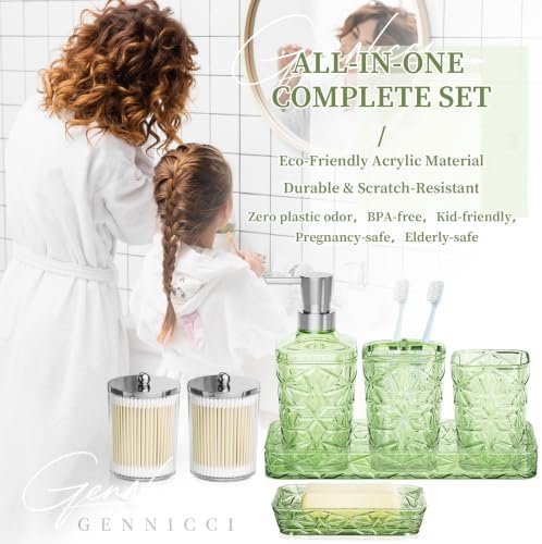 Green Bathroom Accessories Set 7 Pcs, Green Bathroom Sets, Acrylic Soap Dispenser and Toothbrush Holder Set, Qtip Holder Set, Bathroom Sink Set, Gift for Home Apartment