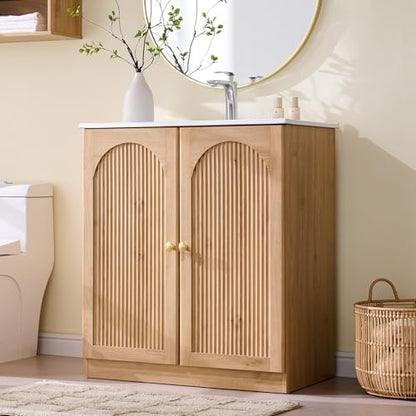 IFBUY 30 Inch Arched Bathroom Vanity with Sink, Fluted Design, Natural Oak