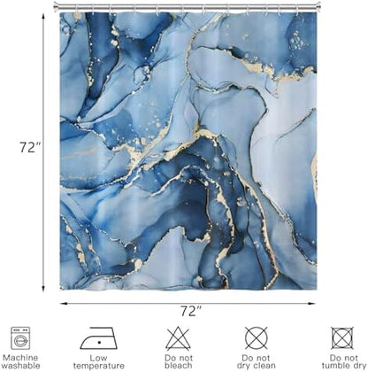 Blue Marble Shower Curtain, Modern Abstract Luxury Blue Gold Ink Texture Watercolor Art Bathroom Curtains Ombre Machine Washable Waterproof Fabric Bathtub Curtain Set with Hooks 72" Wx72 L