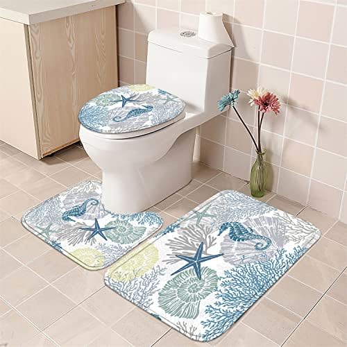 Nkzply 4 Pcs Beach Shower Curtain Set Blue Ocean Bathroom Sets with Shower Curtain and Rugs Seahorse Shower Curtains Set Seashell Starfish Bathroom Decor Accessories Coral Bathroom Rugs Set