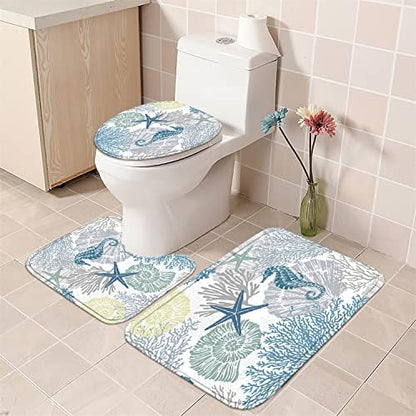 Nkzply 4 Pcs Beach Shower Curtain Set Blue Ocean Bathroom Sets with Shower Curtain and Rugs Seahorse Shower Curtains Set Seashell Starfish Bathroom Decor Accessories Coral Bathroom Rugs Set