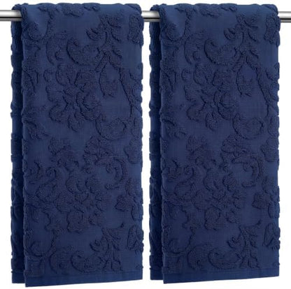 SmoothNovelty 2 Pcs Navy Blue Floral Jacquard Hand Towels for Bathroom