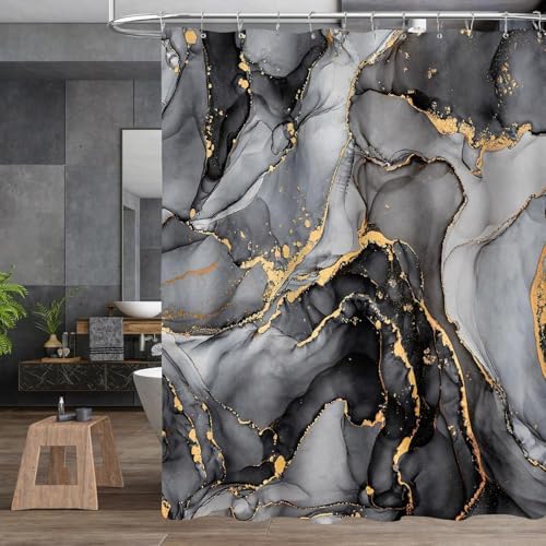 NBVKO 4 Pcs Black Marble Shower Curtain Sets with Rugs Gold Bathroom Sets with Shower Curtain and Rugs Modern Abstract Bathroom Decor Accessories Shower Curtains for Bathroom Toilet Lid Cover