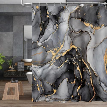 NBVKO 4 Pcs Black Marble Shower Curtain Sets with Rugs Gold Bathroom Sets with Shower Curtain and Rugs Modern Abstract Bathroom Decor Accessories Shower Curtains for Bathroom Toilet Lid Cover