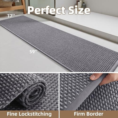 PADOOR-Bath Mat Runner-Super Absorbent Chenille Bathroom Mats-Rubber Backed Bath Mats for Bathroom Non Slip, Easy Clean Bathroom Runner Rugs Front of Bathtub,Shower Room,Sink-17×59