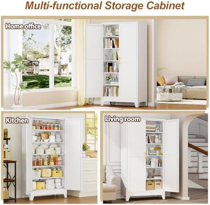 79" White Tall Metal Storage Cabinet with 2 Doors and 5 Adjustable Shelves,Steel Garage Tool Cabinet, File Cabinet,Kitchen Pantry Cabinet for Home,Office,Garage,School,Warehouse