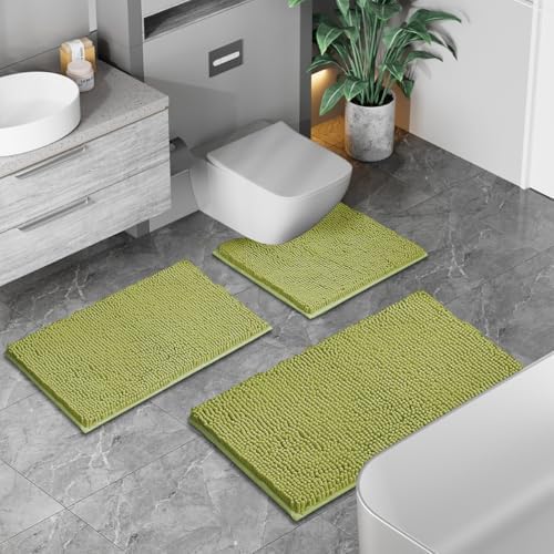 Lime Green Bathroom Rug Set - Extra Soft 3 Piece Anti-Slip Bath Mats, Plush Chenille Shaggy Mat for Living Room, Bedroom, Floor - Water Absorbent Soft Rug