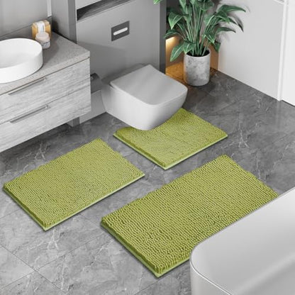 Lime Green Bathroom Rug Set - Extra Soft 3 Piece Anti-Slip Bath Mats, Plush Chenille Shaggy Mat for Living Room, Bedroom, Floor - Water Absorbent Soft Rug