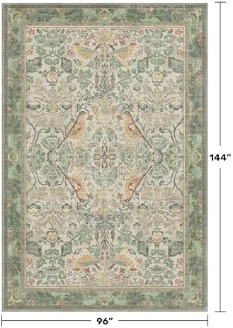Boho 8x12 Living Room Rugs - Plant & Bird Patterned Rugs for Bedroom Under Bed, Traditional Victorian Sage Green Décor, Washable Non Slip Foldable Lightweight Carpet
