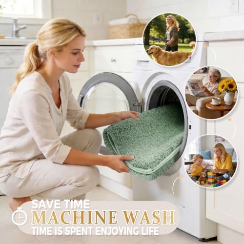 Yimobra Fluffy Plush Bath Rug, Super Shaggy Soft Comfortable Non Slip, Water Absorbent Microfiber Bath Mat, Dries Quickly, Machine Washable Thick Bathroom Rugs for Shower, 60" X 24", Pure Light Green