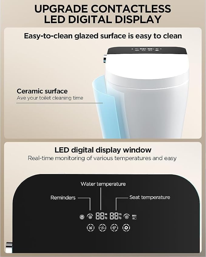 TDH Smart Bidet Toilet, LED Display Tankless Toilets with Heated Seat,Warm Water Sprayer,Dryer, Auto Flush One Piece Toilet for Bathrooms with Night Light Foot Sensor